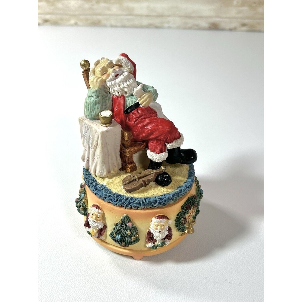 Vtg Christmas Music Box Wind Up Sleeping Santa, Cat Artmark Yellow